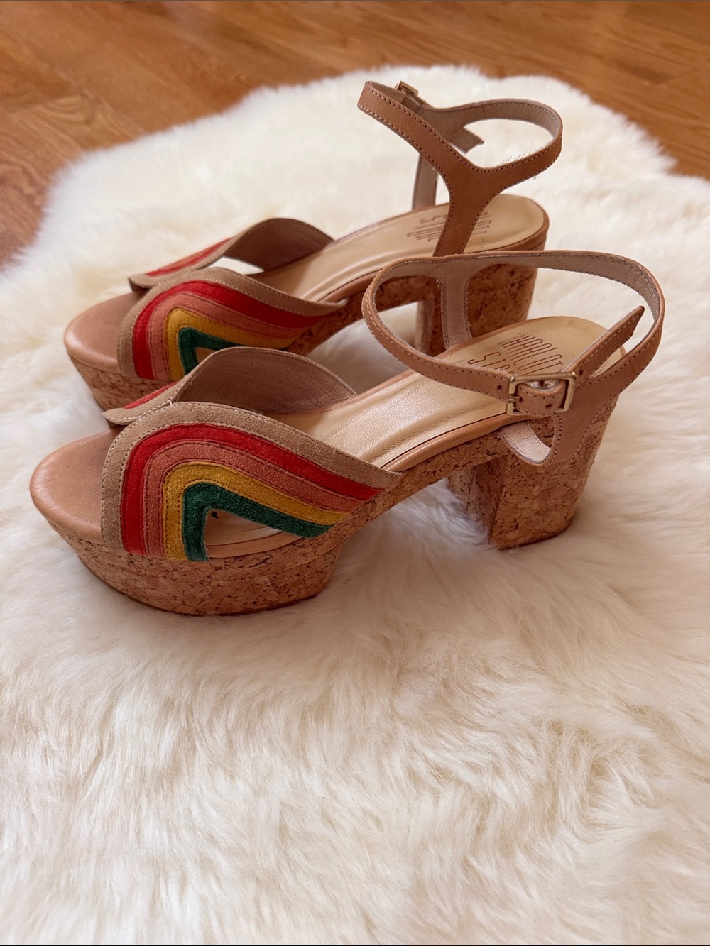 CHARLOTTE STONE Donna Platform Cork Sandal with Rainbow Detail Size 8 70s